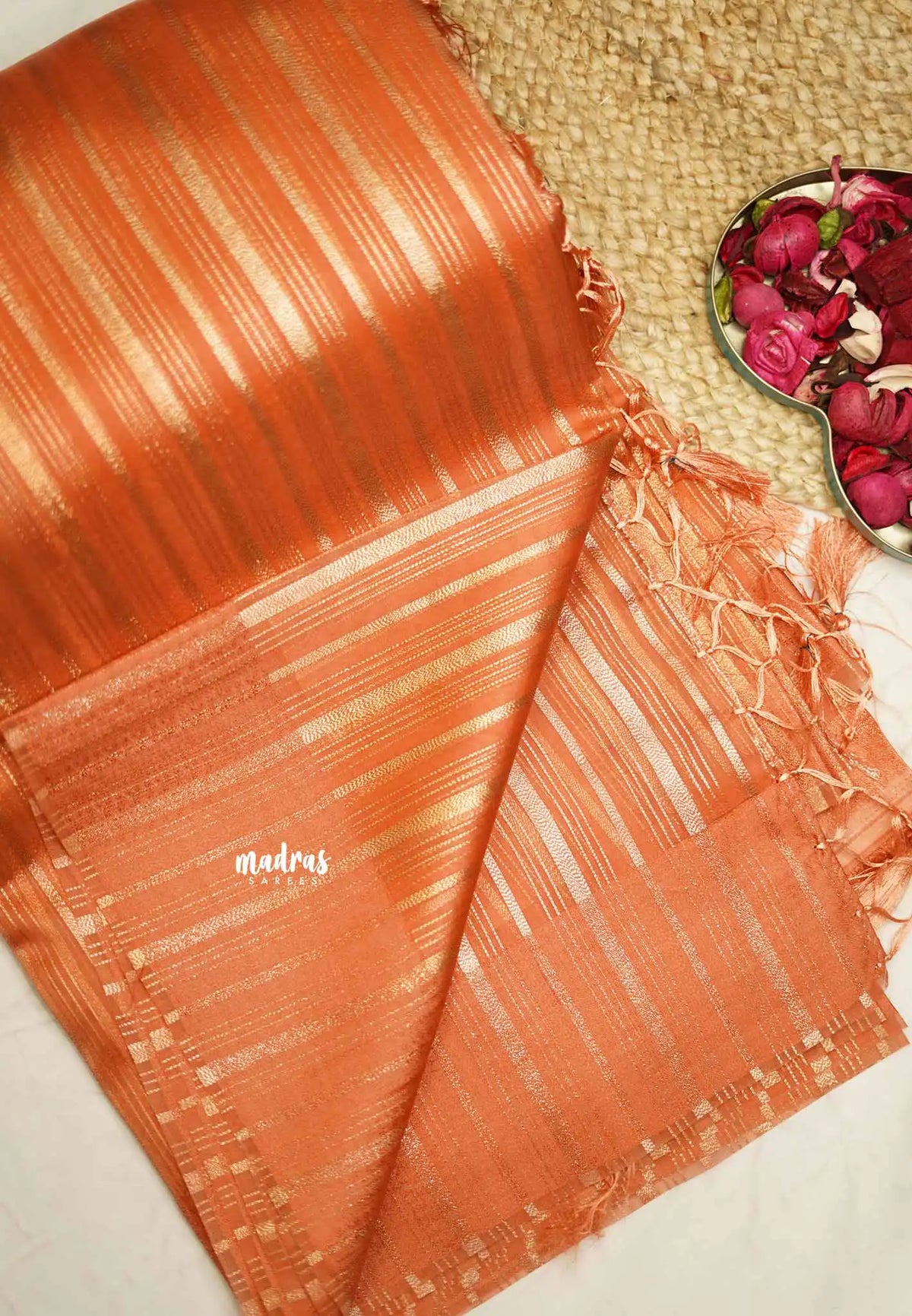 Narmada - Organza Tissue with stripes zari weaving body - Nayanthara Inspired - Peach orange