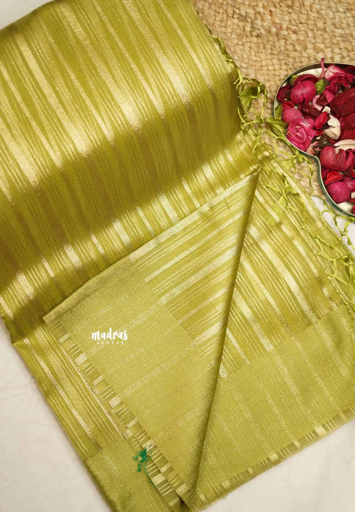 Narmada - Organza Tissue with stripes zari weaving body - Nayanthara Inspired - Mehandi green