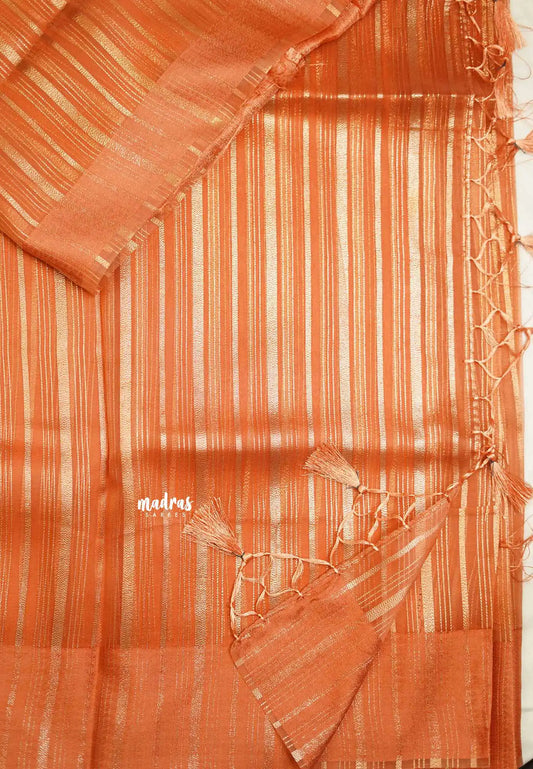 Narmada - Organza Tissue with stripes zari weaving body - Nayanthara Inspired - Peach orange