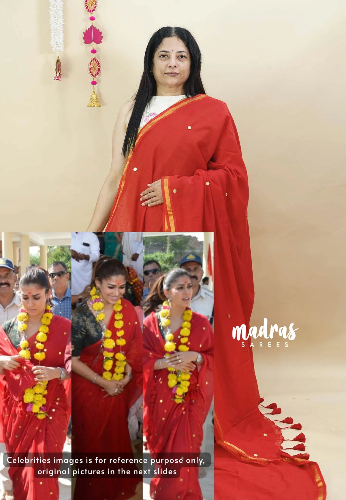 Chilli Red - Soft Mul Cotton Saree with Gini work - Nayanthara temple visit saree