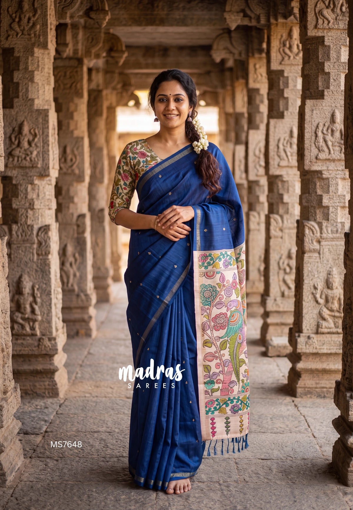 Nightfall Blue - Neelambari  - Semi Tussar Saree Tiny Border with kalamkari pallu and blouse - Perfect for Festive Wear