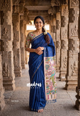 Nightfall Blue - Neelambari  - Semi Tussar Saree Tiny Border with kalamkari pallu and blouse - Perfect for Festive Wear