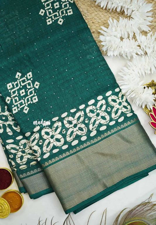 Nila - Sequence printed silk with kolam buttas - Green