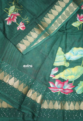 Nila - Sequence border printed silk with divine lotus prints - Green