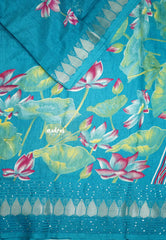 Nila - Sequence border printed silk with divine lotus prints - Teal Blue