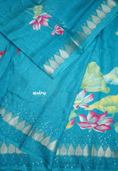 Nila - Sequence border printed silk with divine lotus prints - Teal Blue