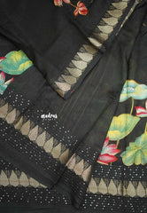 Nila - Sequence border printed silk with divine lotus prints - Black