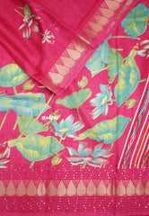 Nila - Sequence border printed silk with divine lotus prints - Rani Pink