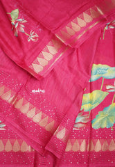 Nila - Sequence border printed silk with divine lotus prints - Rani Pink