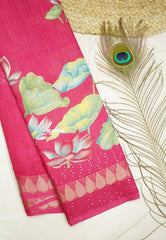 Nila - Sequence border printed silk with divine lotus prints - Rani Pink