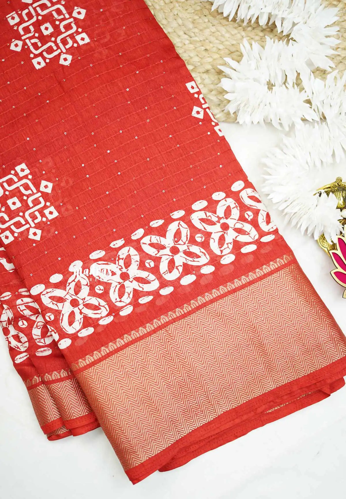 Nila - Sequence printed silk with kolam buttas - Red