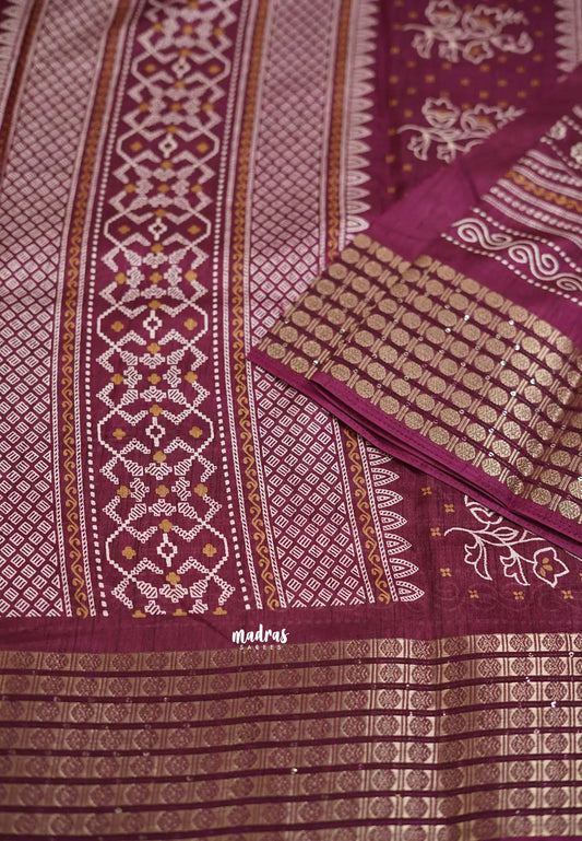 Nila vasundra printed silk Sequence rudraksha border winered