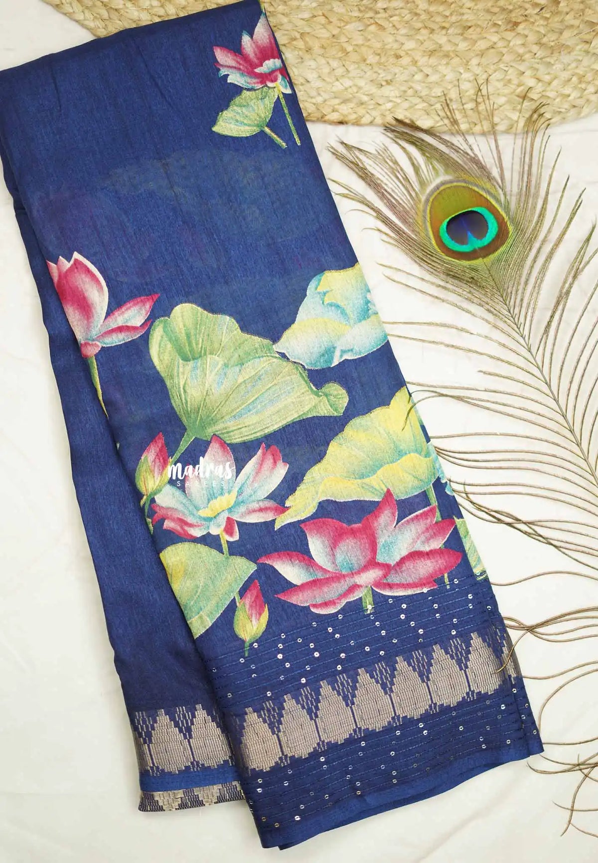 Nila - Sequence border printed silk with divine lotus prints - Navy Blue