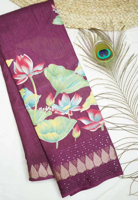 Nila - Sequence border printed silk with divine lotus prints - Winered