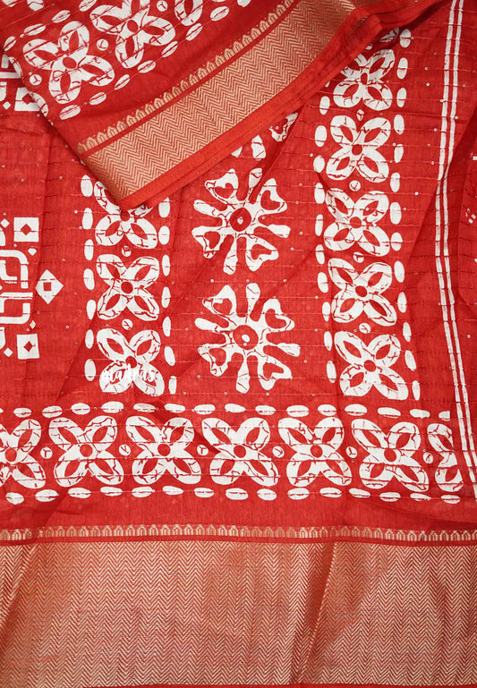 Nila - Sequence printed silk with kolam buttas - Red