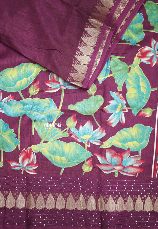 Nila - Sequence border printed silk with divine lotus prints - Winered