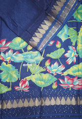 Nila - Sequence border printed silk with divine lotus prints - Navy Blue