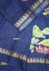 Nila - Sequence border printed silk with divine lotus prints - Navy Blue