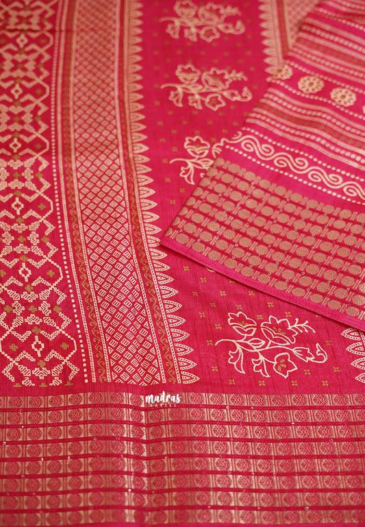 Nila vasundra printed silk Sequence rudraksha border Rani pink