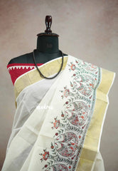 Smt Nirmala sitharaman inspired Madhupani Handpainted south cotton with raw silk blouse combo - Pearl white