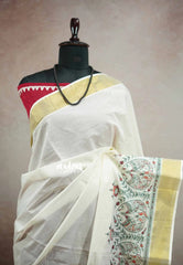 Smt Nirmala sitharaman inspired Madhupani Handpainted south cotton with raw silk blouse combo - Pearl white