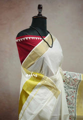 Smt Nirmala sitharaman inspired Madhupani Handpainted south cotton with raw silk blouse combo - Pearl white