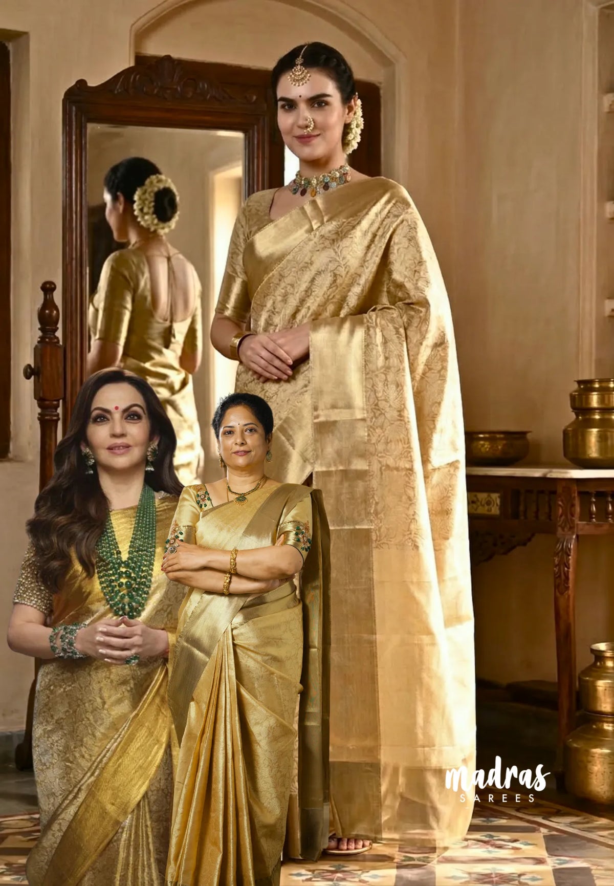 Ahaana -  Nita Ambani inspired semi silk with emboss weaving plain border - Pure gold