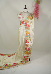 Creamy Ivory - Premium Vasundra Printed Silk Zari with Floral Print Border - Best for Casual Wear