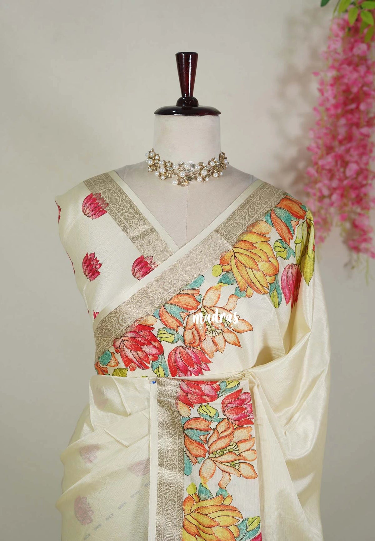Creamy Ivory - Premium Vasundra Printed Silk Zari with Floral Print Border - Best for Casual Wear