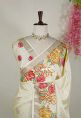 Creamy Ivory - Premium Vasundra Printed Silk Zari with Floral Print Border - Best for Casual Wear