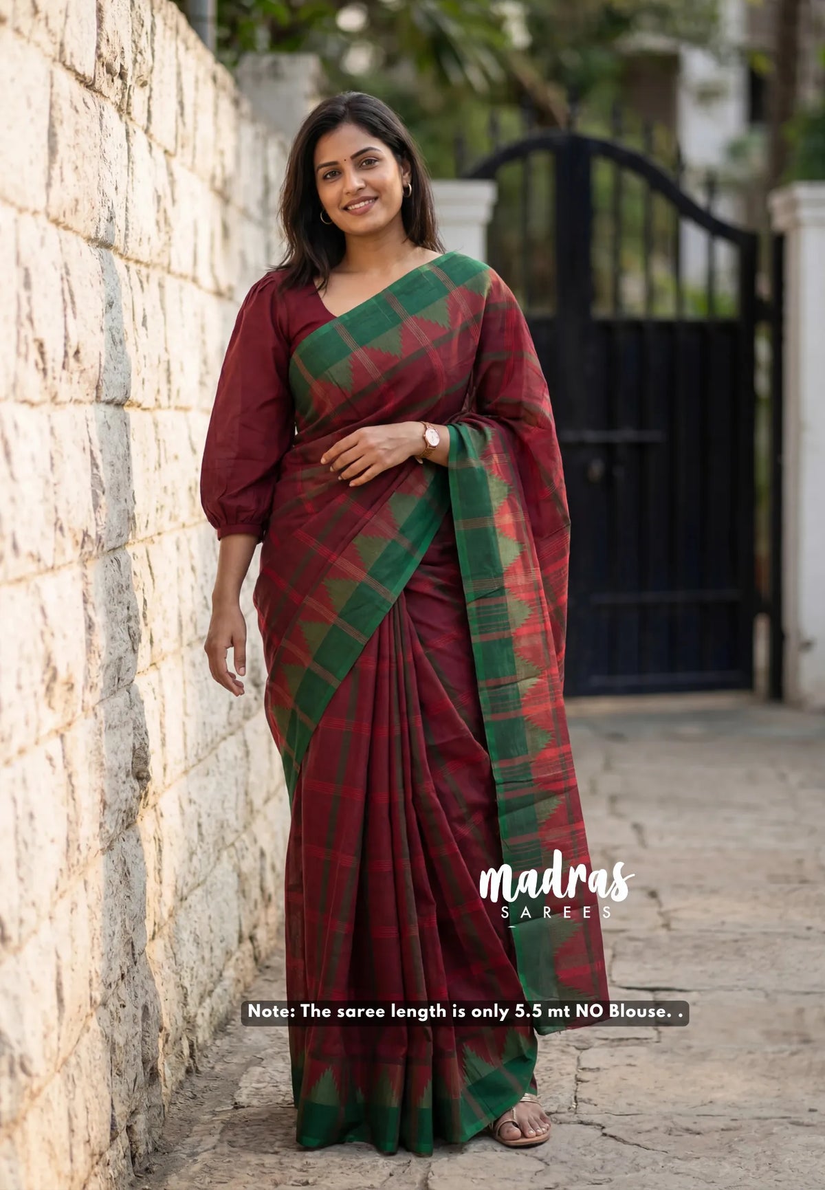 Reddish Maroon - Classic Kanchi Chettinad Cotton Kandangi Big Checks with Temple Weaving Border without Blouse - Best for Temple Visit