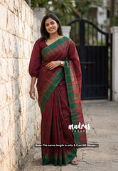 Reddish Maroon - Classic Kanchi Chettinad Cotton Kandangi Big Checks with Temple Weaving Border without Blouse - Best for Temple Visit