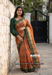 Rust Peach - Classic Kanchi Chettinad Cotton Kandangi Big Checks with Temple Weaving Border without Blouse - Best for Temple Visit