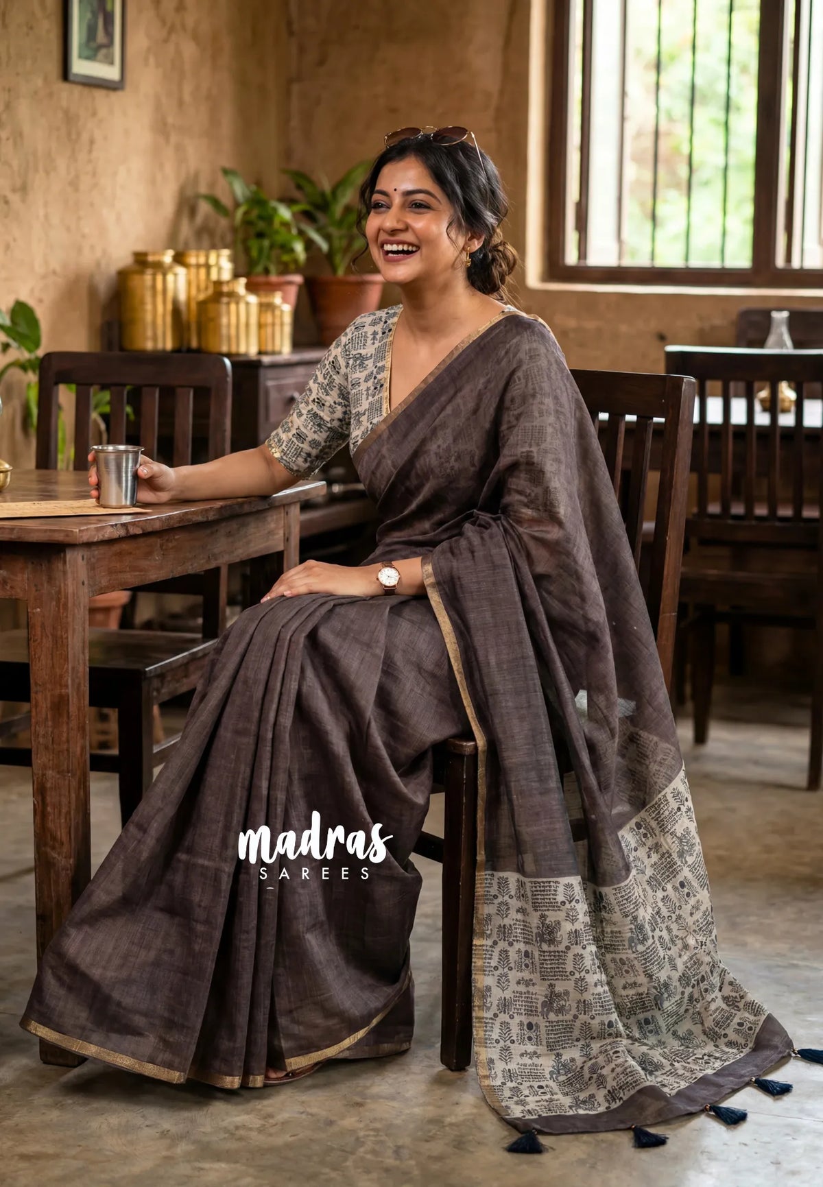Muted Chocolate Brown - Linen Cotton Saree Plain Body with transcript blouse  - Best for Office Wear | Casual Wear