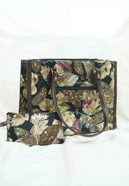 Office Tote hand bag with small purse combo  - Leaf prints