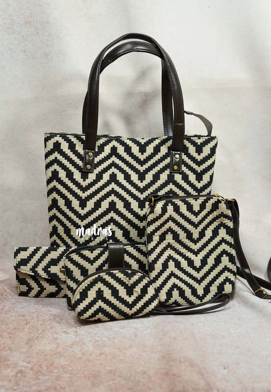Black and beige - Jacquard handbag / office bag set of 5 - MS7 Brand