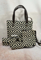 Black and beige - Jacquard handbag / office bag set of 5 - MS7 Brand