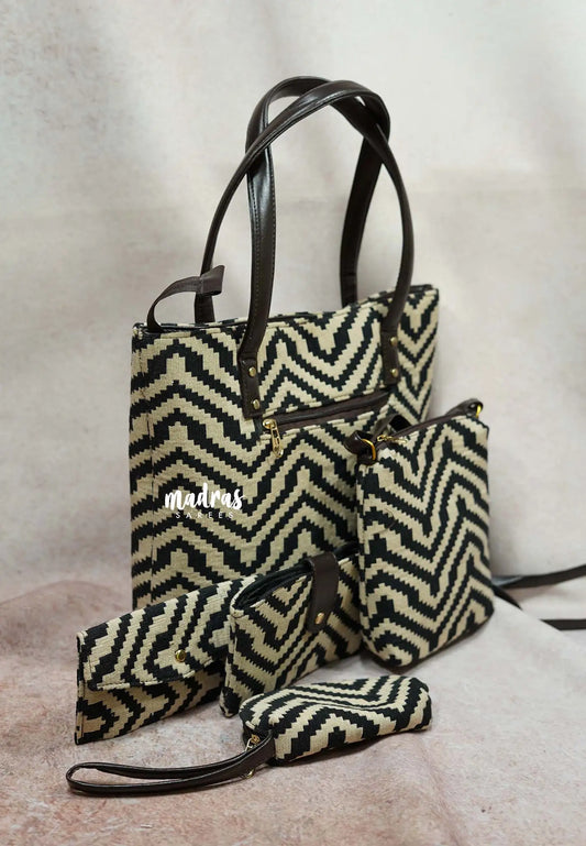 Black and beige - Jacquard handbag / office bag set of 5 - MS7 Brand