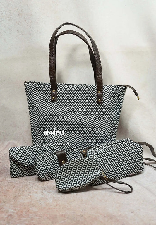 Black and white - Jacquard handbag / office bag set of 5 - MS7 Brand