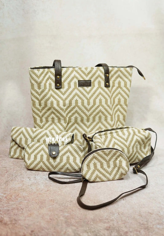 White and jute - Jacquard handbag / office bag set of 5 - MS7 Brand
