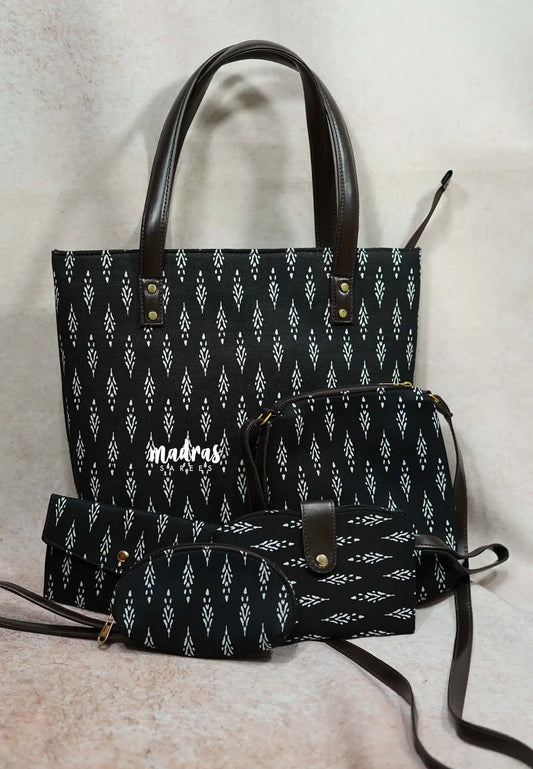 Black ikkat - Handbag / office bag set of 5 - MS7 Brand