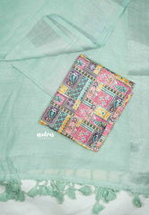 Mia - Soft linen cotton with tissue border and printed blouse - Sea green