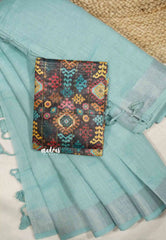 Mia - Soft linen cotton with tissue border and printed blouse - Turquoise blue