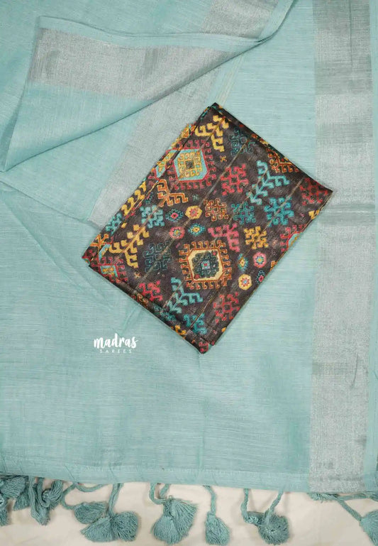 Mia - Soft linen cotton with tissue border and printed blouse - Turquoise blue