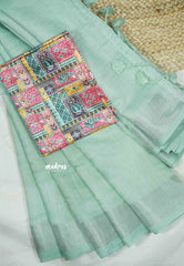 Mia - Soft linen cotton with tissue border and printed blouse - Sea green