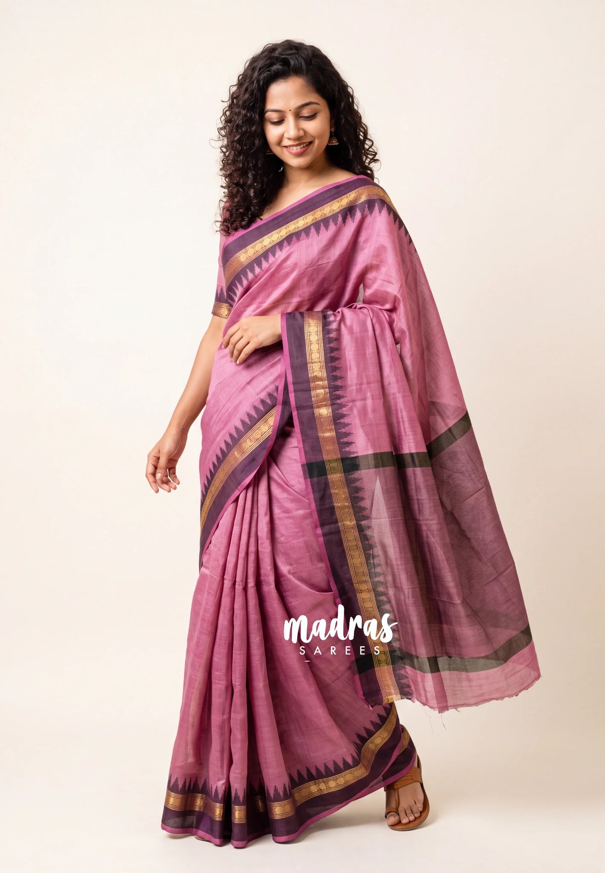 Dual Shade Onion Pink with Black - Raaga - Semi Tussar with Rudraksham Border - Best for Small Functions
