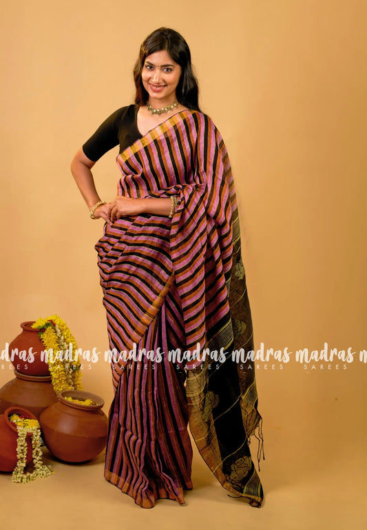 Organic linen black and lavender stripes Black pallu - Vanibhojan saree