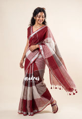 Maroon and White Shades - Organic linen big checks with small border - Perfect for Office Wear / Boardroom meetings / Higher Officials