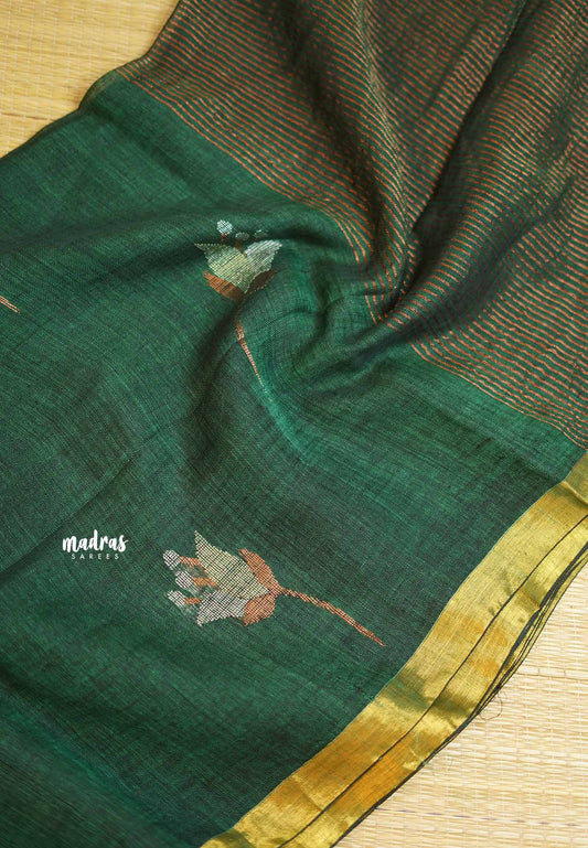 Thoolika - Pure 120 count Organic linen saree with tulip weaving in gold and silver - Fresh Green color