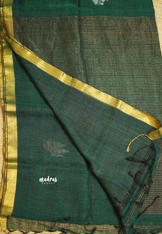 Thoolika - Pure 120 count Organic linen saree with tulip weaving in gold and silver - Fresh Green color